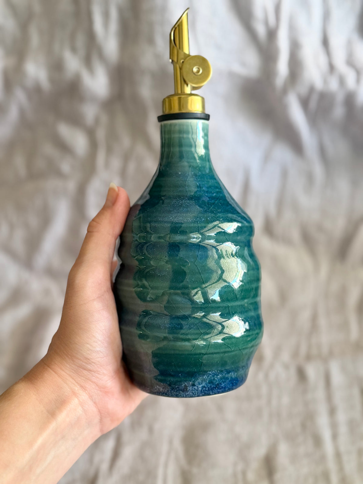 Olive Oil Bottle - Blue Green Crackle