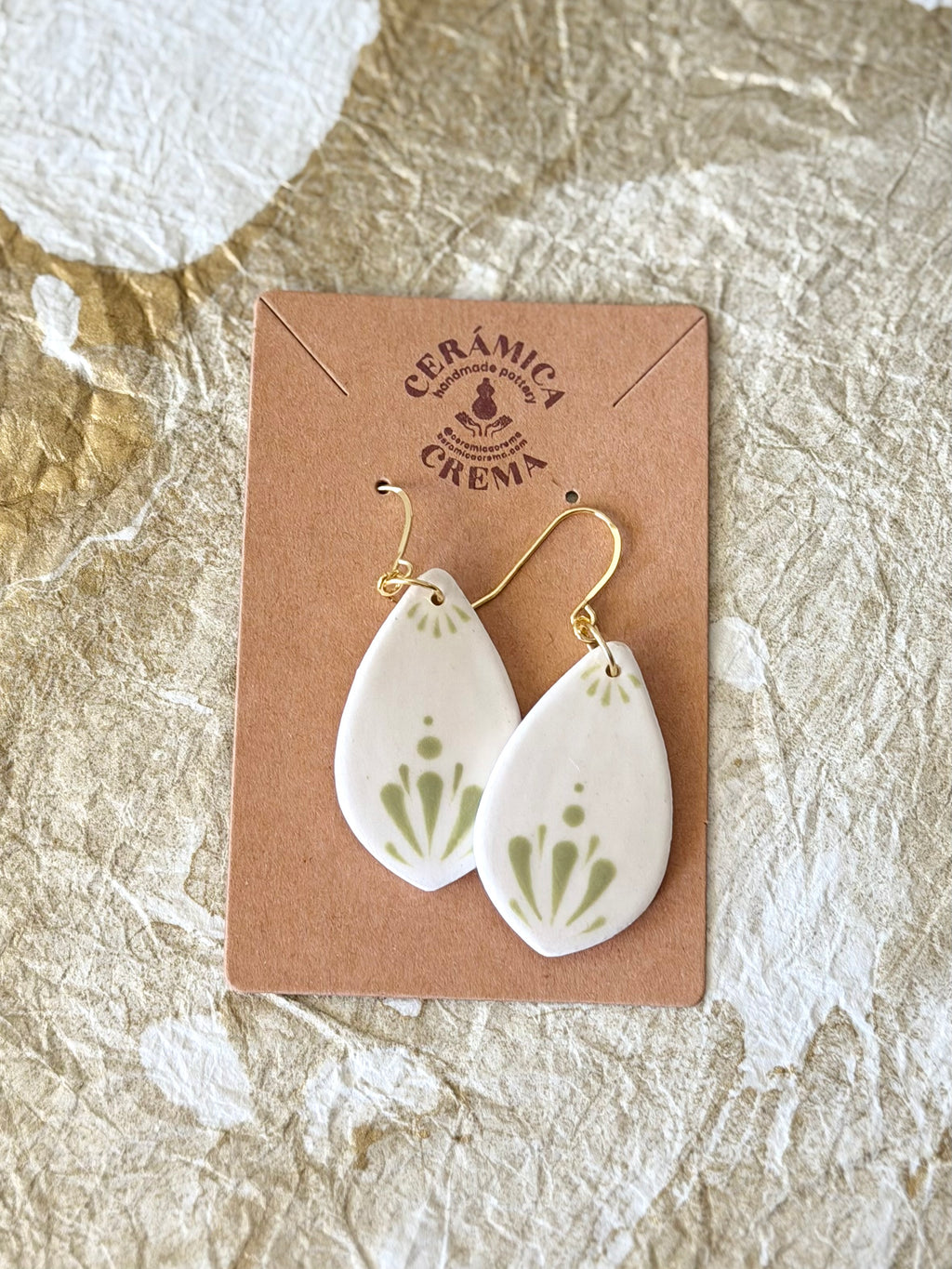 Pointed Teardrop Earrings - White + Sage