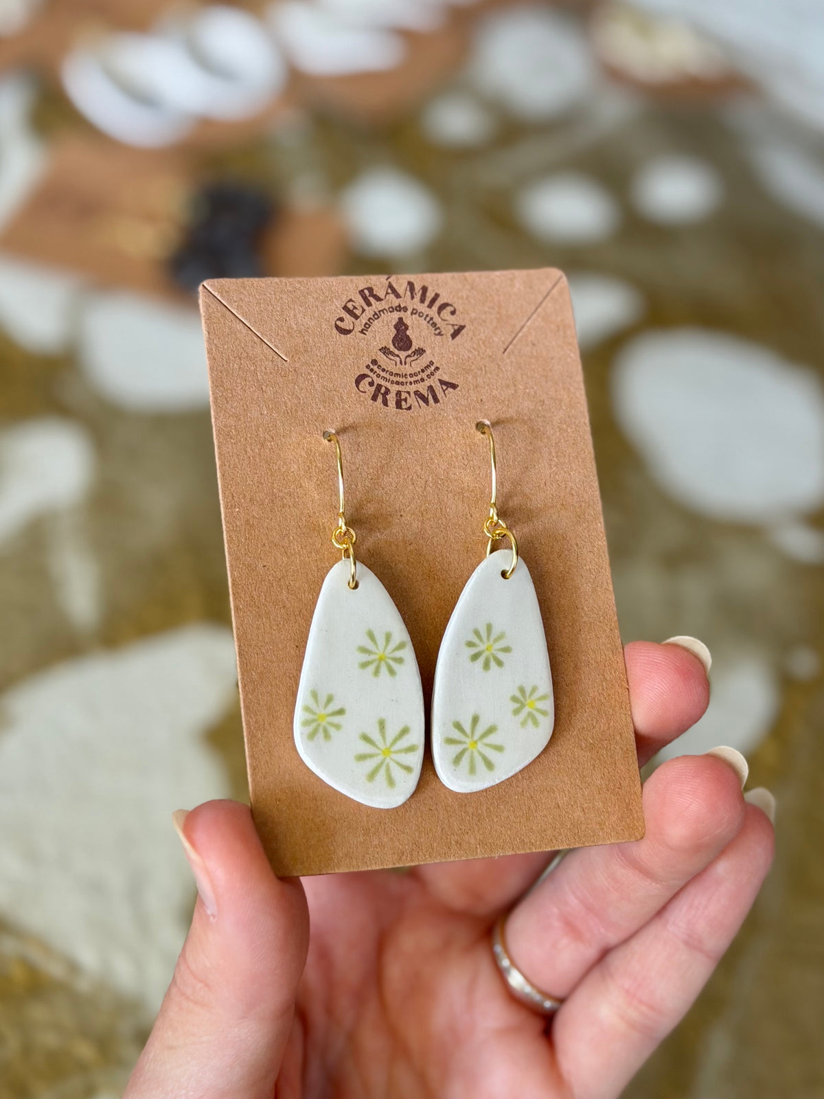 Pebble Earrings - White + Sage Daisy