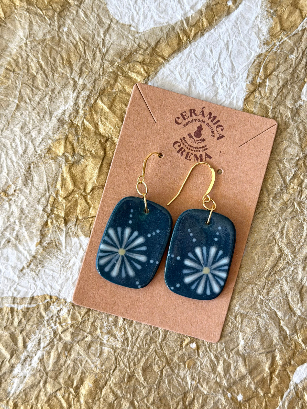 Rectangle Earrings - Teal + White Flower