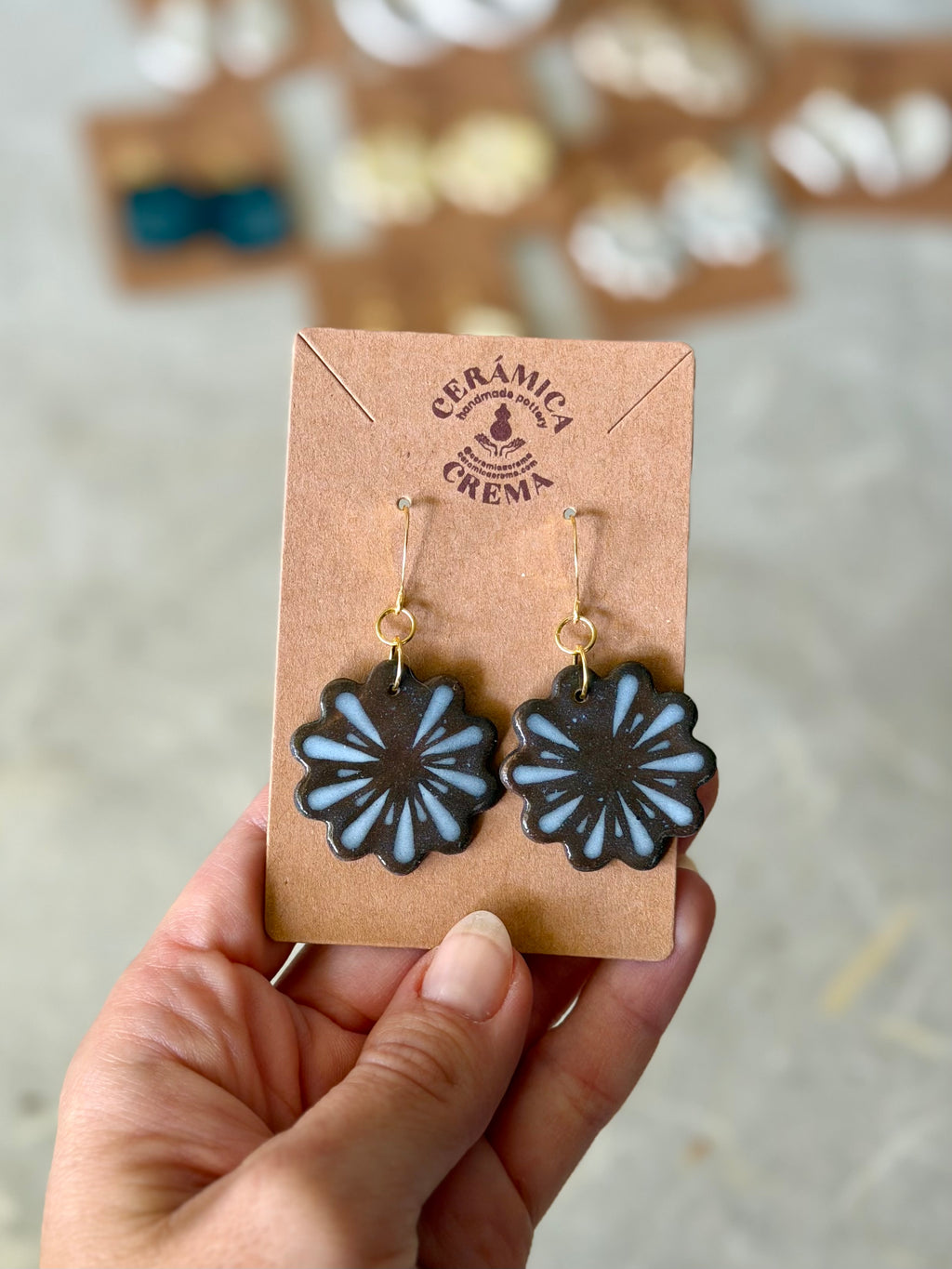 Scalloped Earrings - Brown + Baby Blue Flower