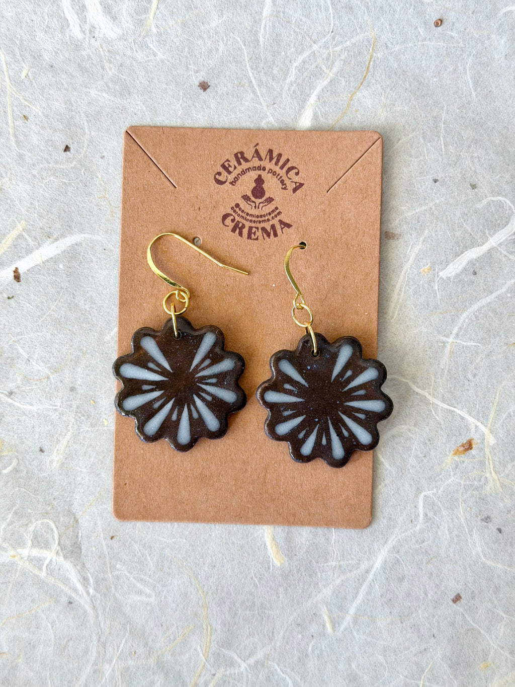 Scalloped Earrings - Brown + Baby Blue Flower